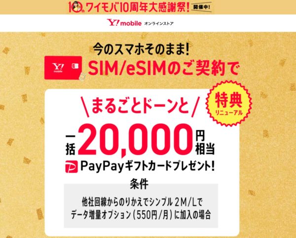 2024年5月31日～ワイモバイル公式が10周年記念で一括2万円相当のPayPayギフトカードプレゼントキャンペーン